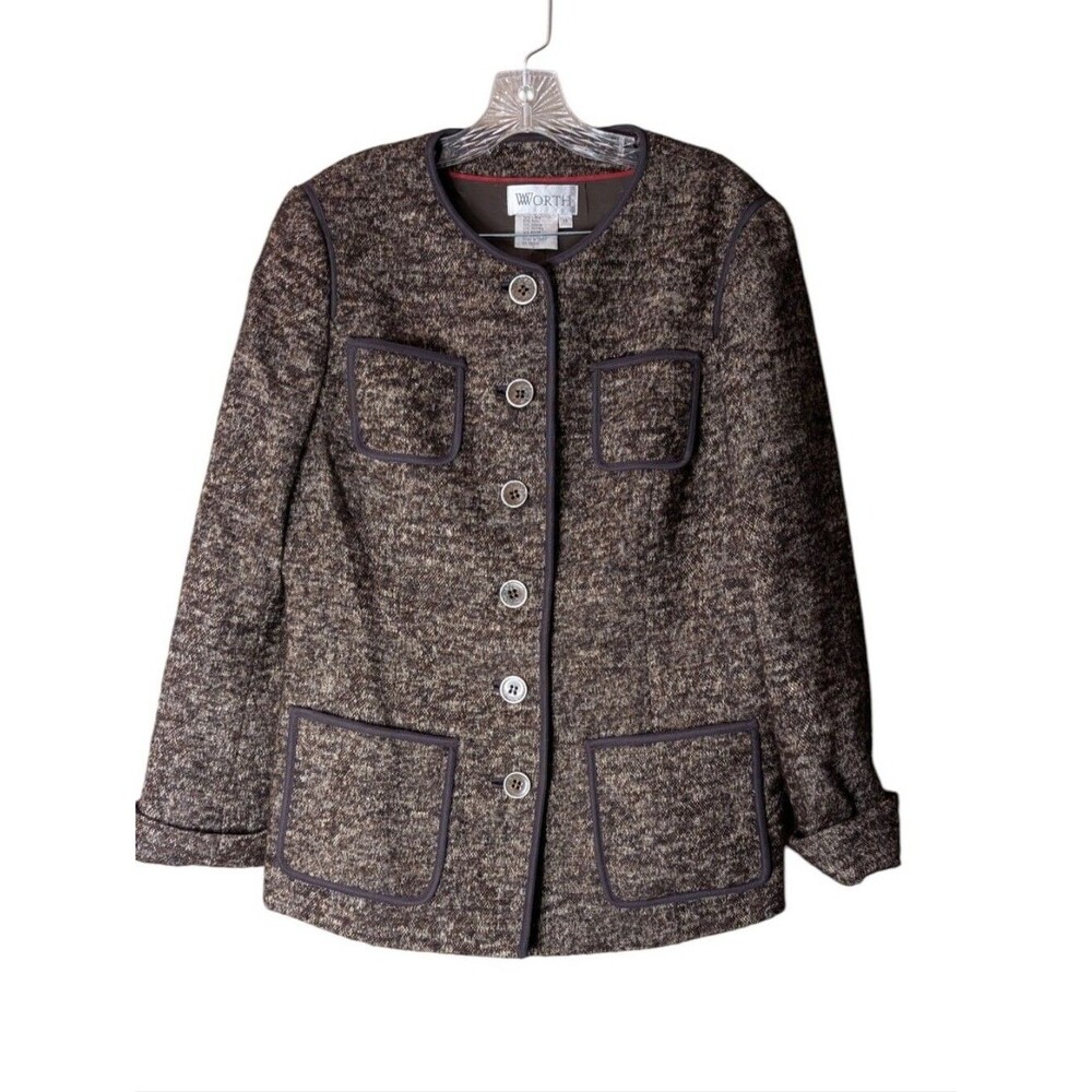 W by Worth Brown Tweed Wool Blend Blazer Jacket Textured Button Front Size 14